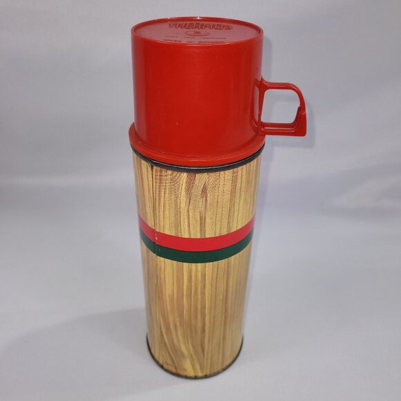 Thermos Vintage Metal Woodgrain No 155 Red Cap Stripes Complete Drink Cup Canada - Picture 1 of 1